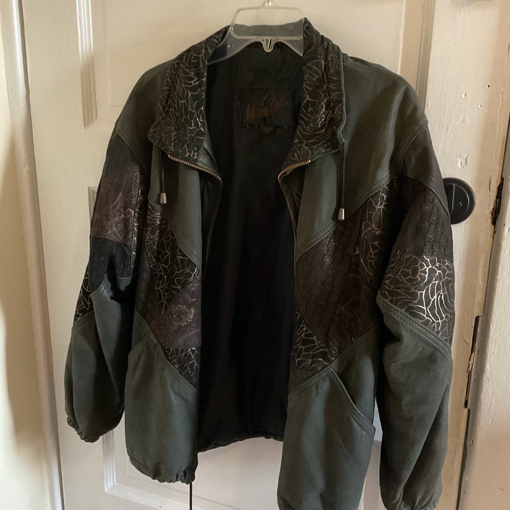Cute Army Green Leather Bomber Jacket w/ metallic floral print!